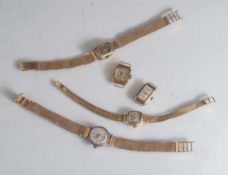 Posten Damenarmbanduhren, Gold 750 und 585, a) rechteckiges Uhrengehäuse, GG 750, mithellem
