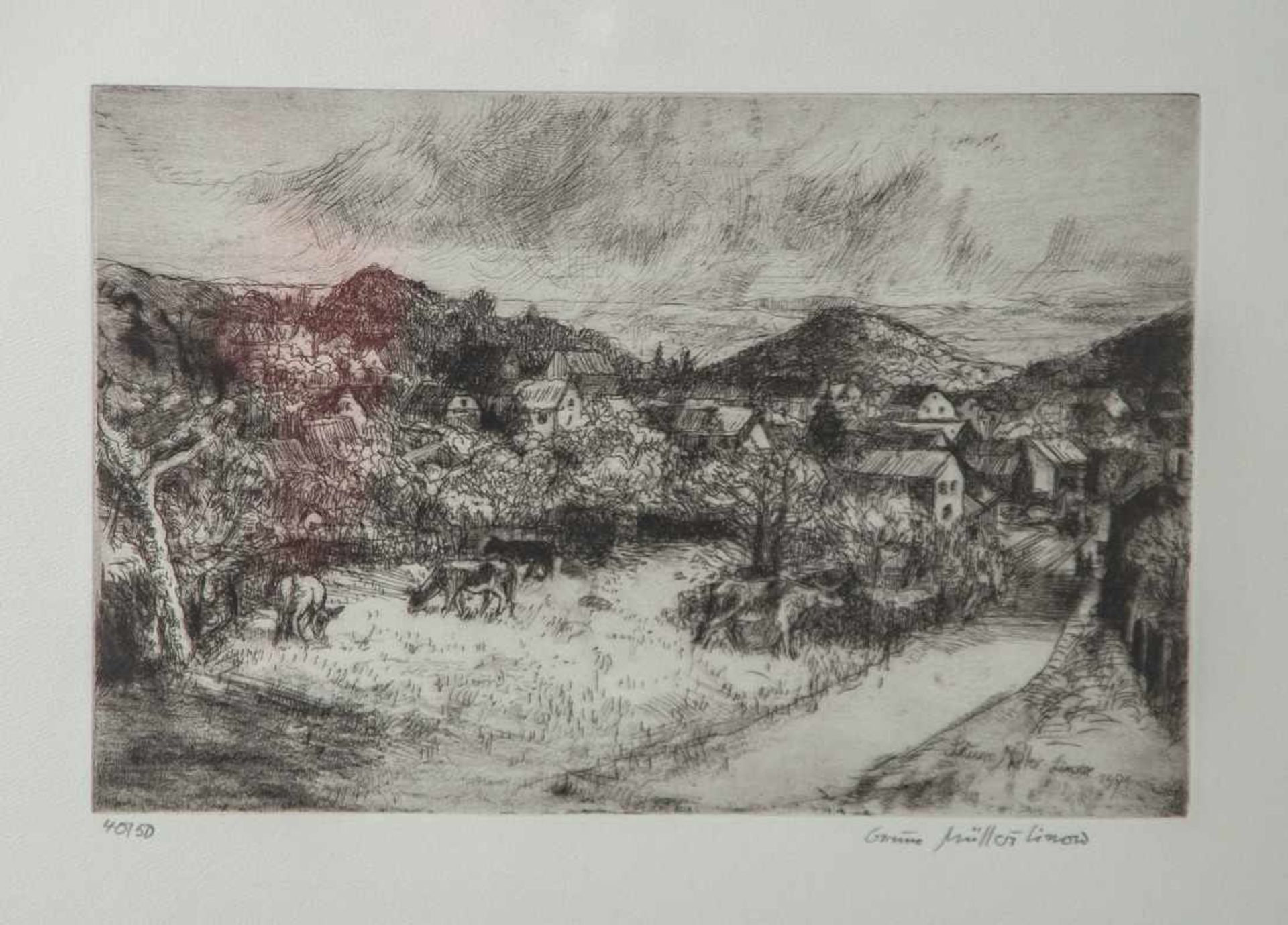 Müller Linow, Bruno (1909-1997), Ortsansicht in Hessen, 1991, Radierung, 40/50. Ca. 20 x30 cm.