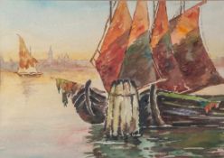 Simshäuser, Karl (1910-1991), Segelboote vor Stadtkulisse in der Abendsonne,Aquarell/Papier, re.