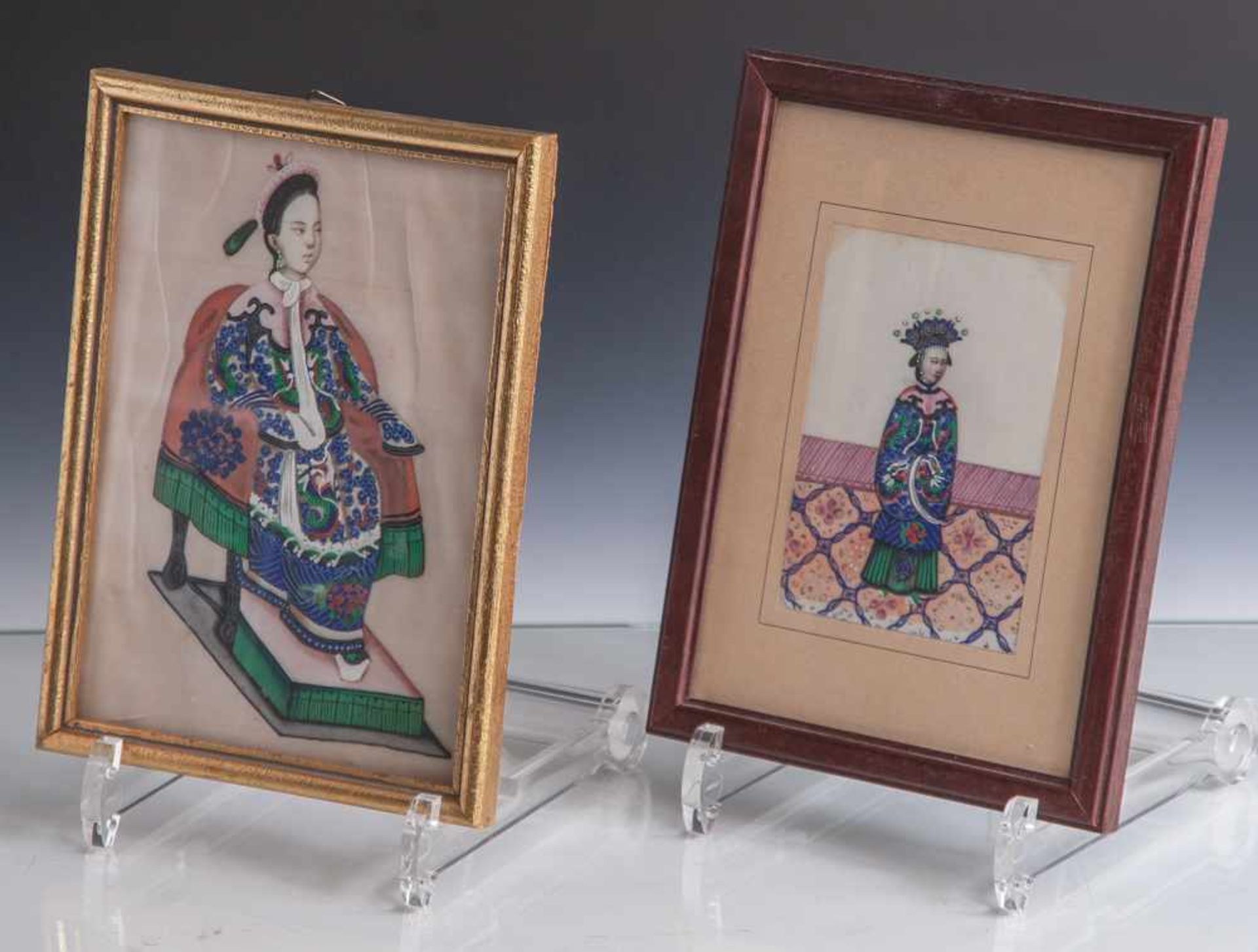 2 Malereien auf Reispapier, China, Ende 19. Jahrhundert/ um 1900, feine Gouachemalerei mitden