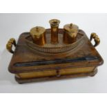 Late victorian copper and oak encrier, fitted with 2 ink wells, match holder and single draw