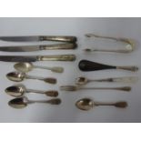 A small quantity of mixed silver including sugar tongs, teaspoons, pickle forks etc