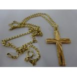 A gold coloured metal crucifix stamped 14K, together with a gold metal chain marked 375