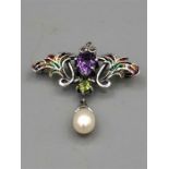 A silver plique A jour brooch/pendant with amethyst and freshwater pearl drop