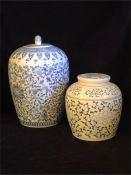 Two decorative Chinese style blue and white jars.