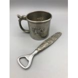 A Pewter cup and bottle opener