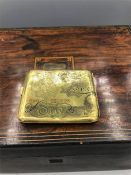 Vintage wooden box and brass cigarette case engraved with pound note design