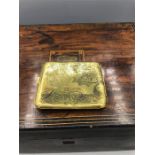 Vintage wooden box and brass cigarette case engraved with pound note design