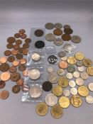 Quantity of Irish coins in plastic box, includes silver 1928 half crown and 1942 florin, 1805 half