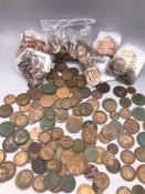 Green plastic tub containing over three kilos of old pennies, some uncirculated.