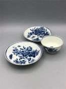 A 18th century Worcester tea bowl and saucer and an additional saucer, see photos for condition.