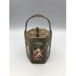 An unusual Japanese tea caddy with hand painted scenes to the sides