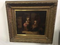 A Victorian oil on canvas painting of a country scene with a Mother and child and old man