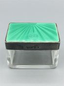 A silver and enamel topped glass Ladies dressing table pot, hallmarked Birmingham