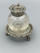 Small silver ink stand with cut glass silver mounted ink pot 3"high 21/4" diameter of base, three