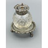 Small silver ink stand with cut glass silver mounted ink pot 3"high 21/4" diameter of base, three