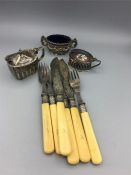 A selection of EPNS cruets and some bone handled cutlery