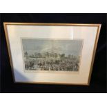 A framed tinted etching of Government House Calcutta