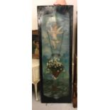 A Vintage painted panel with Cupid style figure and flower basket