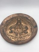 Arts & Crafts copper plate probably Newlyn hammered with stylised fish & seaweed c. 1900