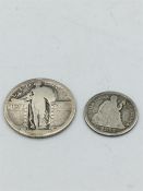 An American Liberty Standing Quarter dollar, type 2, San Francisco mint mark and an 1875 dime.