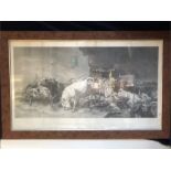 A framed engraving of a stampeding herd