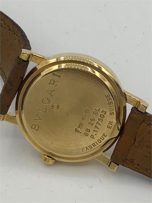 A Ladies 18ct gold Bulgari wristwatch on a leather strap, (BB26GL, serial P1226XXX). - Image 6 of 8