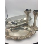 Silver plate, pair of art nouveau spill vases & serving dish ,Art Deco entree dish & cover
