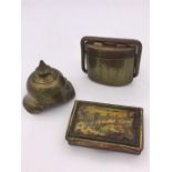 A small selection of curios to include German Helmet stamp blotter, brass inkwell, 1900 Exposition