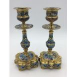 LATE 19TH CENTURY FRENCH BRONZE CHAMPLEVE ENAMEL A PAIR CANDLESTICKs. 16cm high