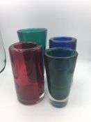 Whitefriars glass vases with horizontal optic cased Green,Royal Blue & Ruby (4)
