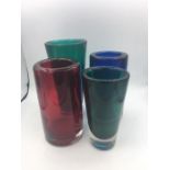 Whitefriars glass vases with horizontal optic cased Green,Royal Blue & Ruby (4)