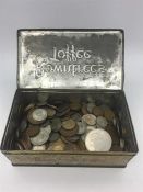 Large quantity of pennies, three pence, and sixpence coins including some silver shillings all in