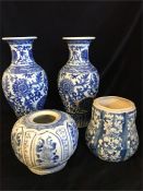 A selection of four blue and white Oriental vases