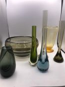 A collection of Whitefriars glass, golden Amber, Arctic blue, shadow green, twilight, sage green,