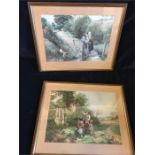 Pair of framed and glazed mounted coloured prints of children in country scenes each 91/2" x 71/2"