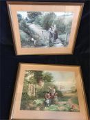 Pair of framed and glazed mounted coloured prints of children in country scenes each 91/2" x 71/2"
