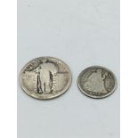 An American Liberty Standing Quarter dollar, type 2, San Francisco mint mark and an 1875 dime.