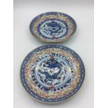 A Pair of Chinese blue and white plates with Dragon decoration and gold detail (Republic Era)