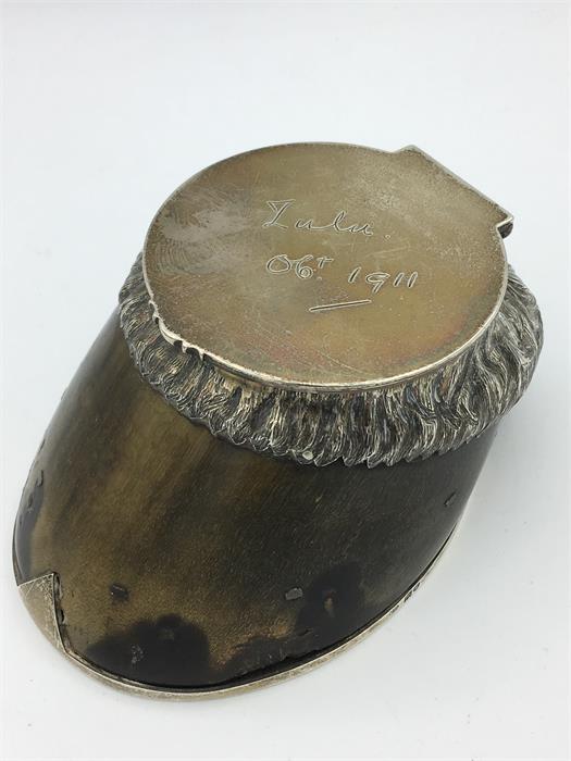 A silver mounted hoof, hallmarked, and engraved Zulu 1911.