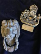 Two Heavy brass door knockers. A Lion's mask as at Durham cathedral and a multi mounted Horse with