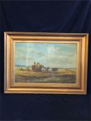 A oil painting in gilt frame of a Farming scene