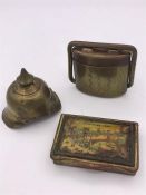A small selection of curios to include German Helmet stamp blotter, brass inkwell, 1900 Exposition