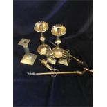 A box of sundry brass comprising a Pair of 8" candlestands; A pair of Peacock decorated bookends;