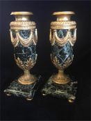 A Pair Of 19th Century French Empire Bronze Green Marble Candlesticks 26cm High