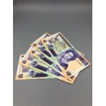 Five Belize bank notes two dollars 2014 series, consecutive serials