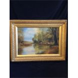 An oil painting of men by a lake by W J Graham 1926