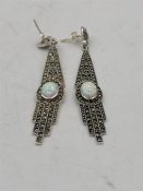 A Pair of Art Deco style silver and marcasite earrings with central opal panel