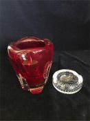 A Ruby red Whitefriars Molar vase and a controlled bubble ashtray.