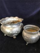 A Pewter scalloped edged vase and a smaller bowl on feet